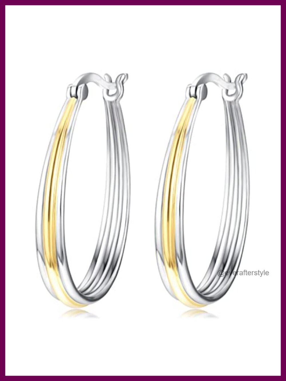 Sterling Silver Gold Hoop Earrings Oval Grooved Two Tone Hoops for Women